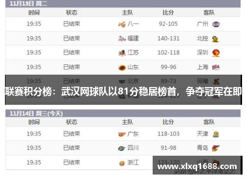 联赛积分榜：武汉网球队以81分稳居榜首，争夺冠军在即